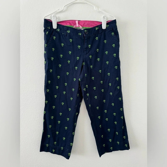 Lilly Pulitzer Pants Navy Palm Tree Cropped Cotton Beachy Coastal Size 12 - Picture 1 of 9